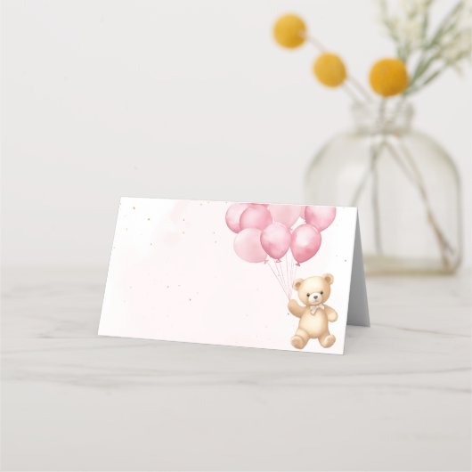 Rosa Ballons Teddybär Babydusche Platzkarte (Vorderseite)