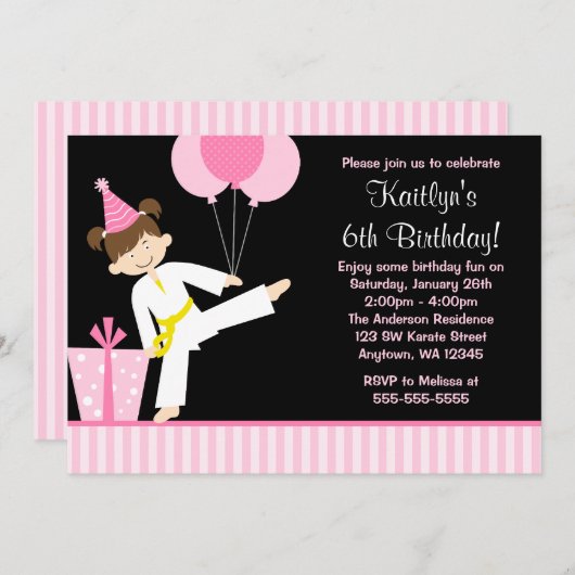 Rosa Balloons Taekwondo Karate Girl Einladung (Vorne/Hinten)