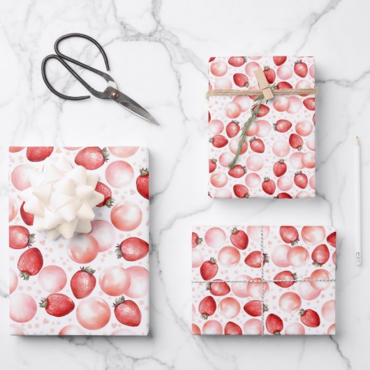Rosa Balloons und Rote Erdbeeren Sweet Berry Geschenkpapier Set (Vorderseite)