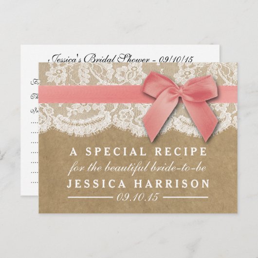 Rosa Band auf Kraft & Spitzen Brautparty Rezept Einladungspostkarte (Vorne/Hinten)