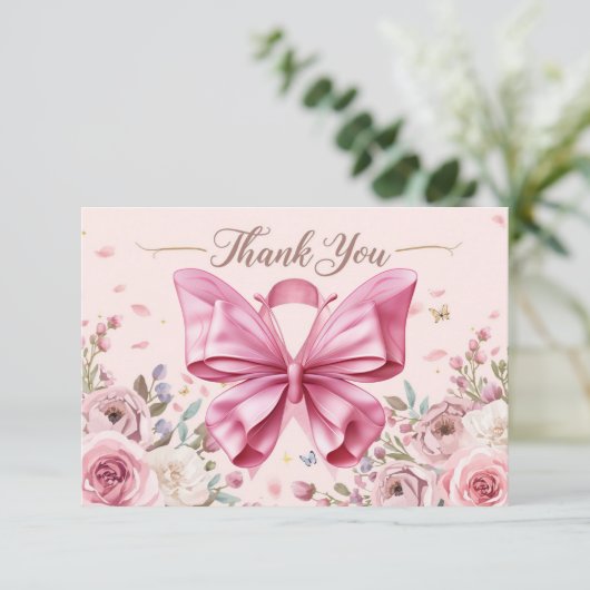 Rosa Band Brustkrebsbewusstsein mit Blumen Dankeskarte (Stehend Vorderseite)