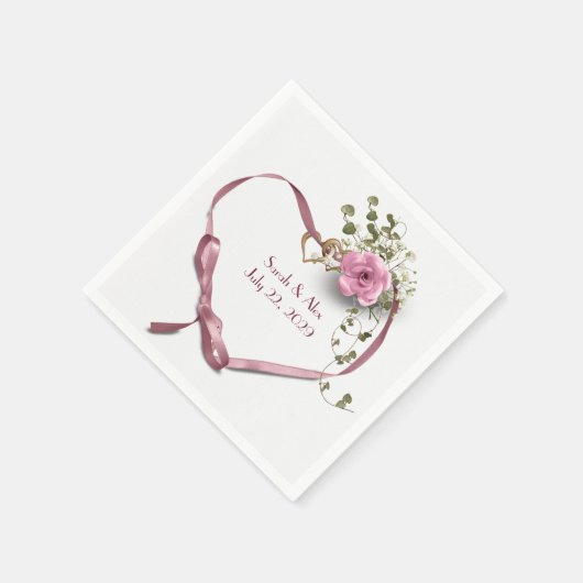 Rosa Band Herz mit Rose Serviette (Ecke)