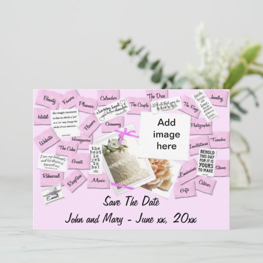 Rosa Band, Hochzeitstorte Save the Date Postkarte (Stehend Vorderseite)