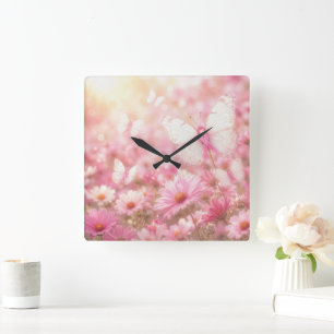 Rosa Band-Schmetterlinge im Garten Quadratische Wanduhr