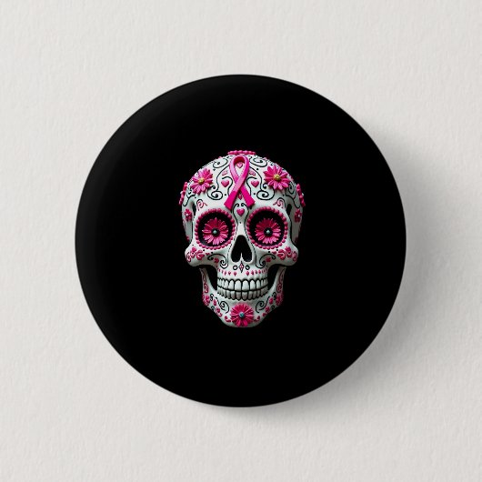 Rosa Band Zucker-Schädel Calavera Brustkrebs-Bewus Button (Vorderseite)