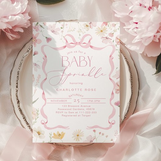 Rosa Bänder Rahmen Wildblume Baby Sprinkle Einladung