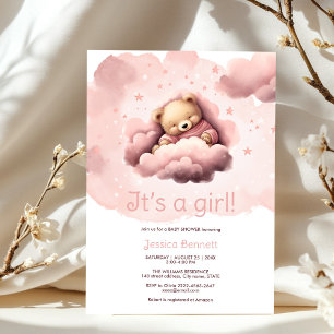 Rosa Bär auf Wolken Babydusche Einladung