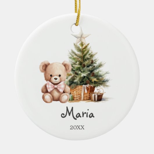 Rosa Bär-Baum-Babys erstes Weihnachten Keramik Ornament (Vorne)
