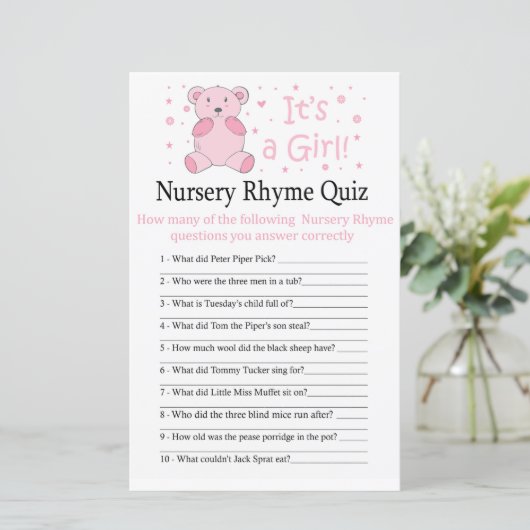 Rosa Bär Kinderzimmer Rhyme Quiz Babydusche (Stehend Vorderseite)