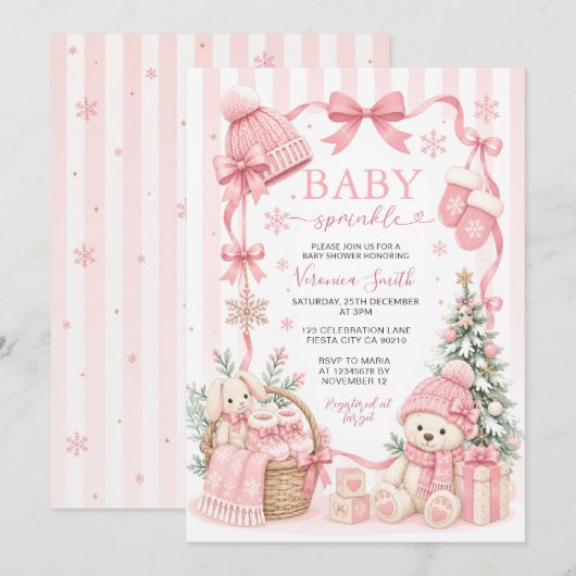 Rosa Bär Winter Baby Sprinkle Einladung (Vorne/Hinten)