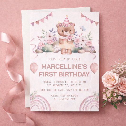 Rosa Bär zum 1. Geburtstag Einladung