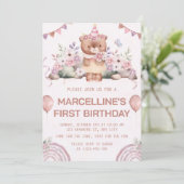 Rosa Bär zum 1. Geburtstag Einladung (Stehend Vorderseite)