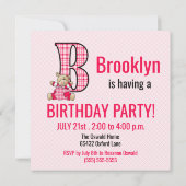 Rosa Bären Letter A Kindergeburtstag Party Einladu Einladung (Rückseite)