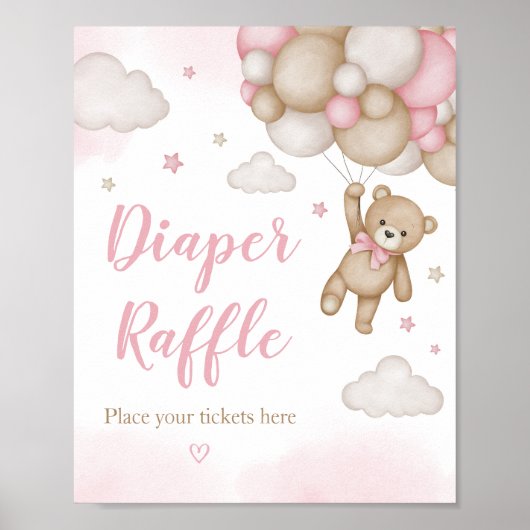 Rosa Bärenballon Babydusche Windelwanne Raffel Poster (Vorne)
