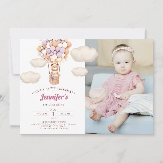 Rosa Bärenblasen Erstgeburtstag Einladung eines Mä (Vorderseite)