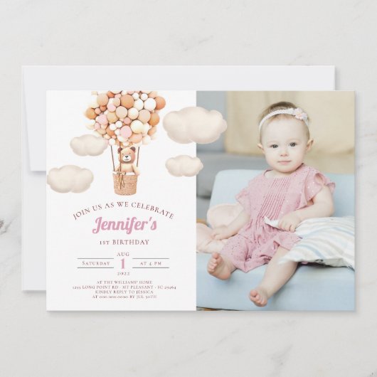 Rosa Bärenblasen Erstgeburtstag Einladung eines Mä (Vorderseite)