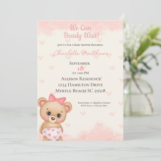 Rosa Bärenherzen, die wir frühzeitig abwarten könn Einladung (Stehend Vorderseite)