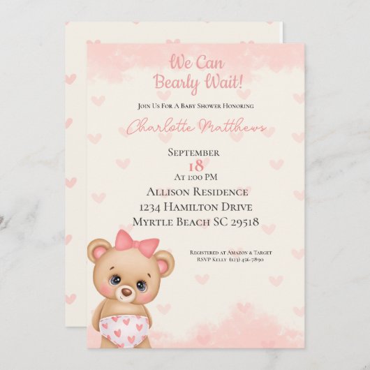 Rosa Bärenherzen, die wir frühzeitig abwarten könn Einladung (Vorne/Hinten)