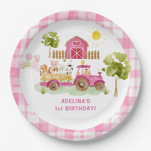 Rosa Barnyard Farmtiere Geburtstag Pappteller (Vorderseite)
