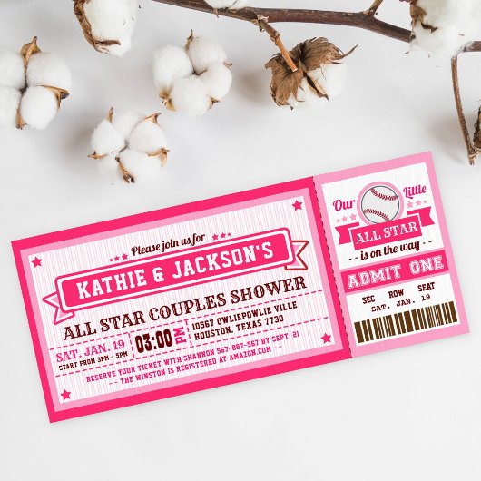 Rosa Baseball Ticket Couple Dusche Einladung