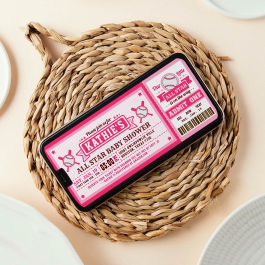 Rosa Baseball Ticket Pass Kinderdusche Einladung