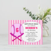 Rosa Baseball-Totenparty für Mädchen Einladung (Stehend Vorderseite)