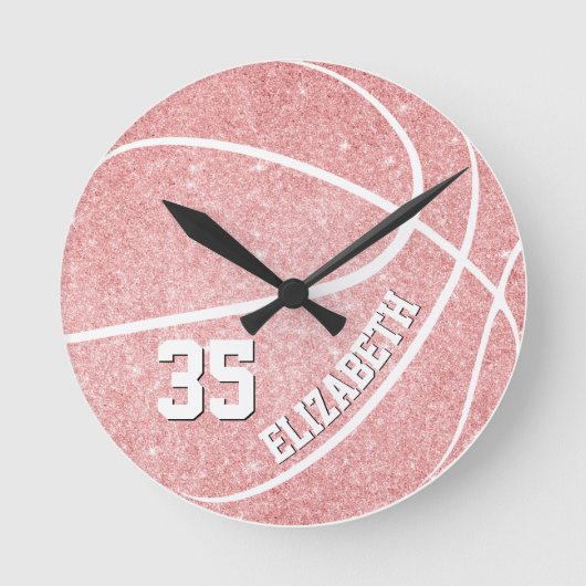 rosa Basketball der personalisierten Mädchen Runde Wanduhr (Vorderseite)