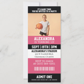 Rosa Basketball-Ticket Geburtstags-Foto-Einladung