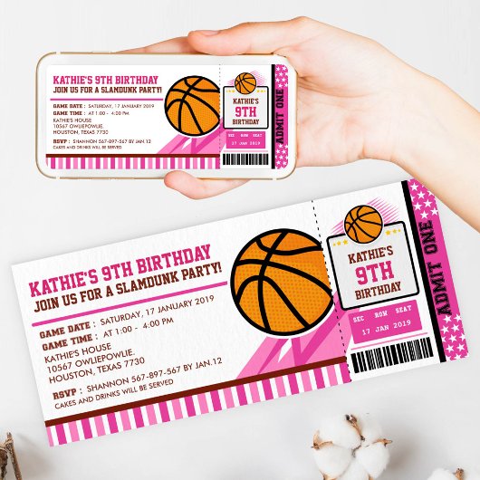 Rosa Basketball Ticket Pass Einladung zum Geburtst