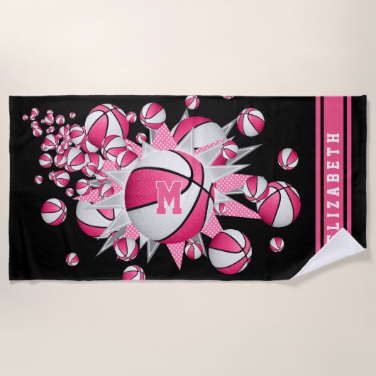 Rosa Basketbällchen stern ihren Namen mit Monogram Strandtuch (Vorderseite)