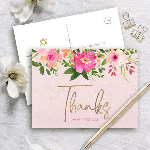Rosa Bat Mitzvah Floral Gold Schrift Danke Bold Postkarte