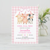 Rosa Bauernhoft Geburtstags-Gingham Einladung (Stehend Vorderseite)