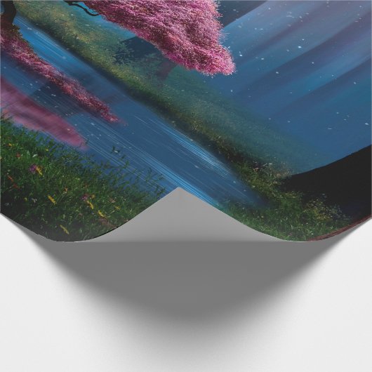 Rosa Bäume und Teich in den Wäldern nachts Geschenkpapier (Ecke)