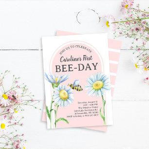 Rosa Bee-Day-Geburtstagseinladung mit Gänseblümche Einladung