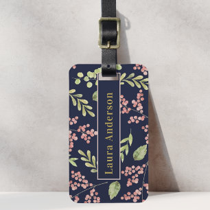 Rosa Beeren und Laub Custom Name Navy Blau  Gepäckanhänger