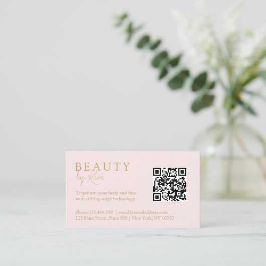 Rosa-Beige-Gold, Minimal, elegant, Salon, QR-Code Terminkarte (Stehend Vorderseite)
