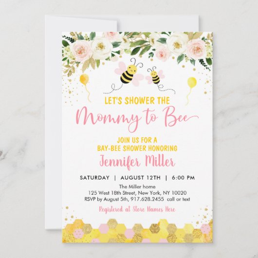Rosa Bienenblütendusche Einladung (Vorderseite)