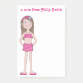 Rosa Bikini, helle Haut mit brünetten und blauen A Post-it Klebezettel (Vorderseite)