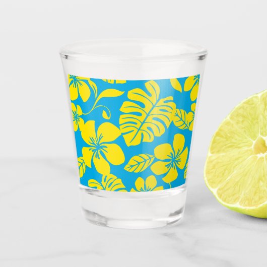 ROSA BIKINI-MUSTER IN BLAU/GELB SCHNAPSGLAS (Vorderseite)