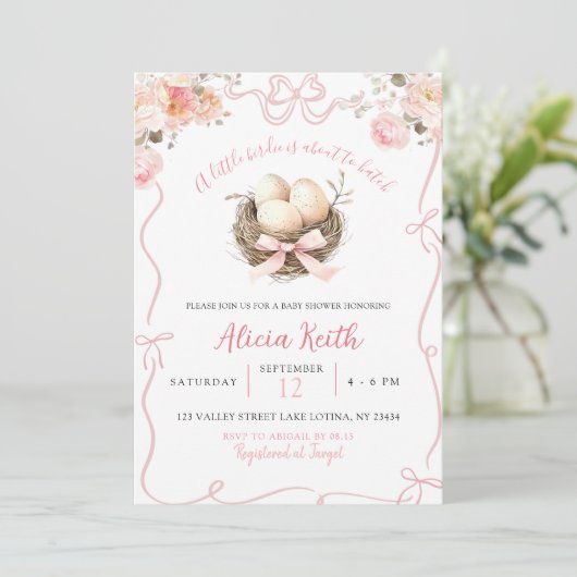 Rosa Birdie Baby Dusche Einladung (Stehend Vorderseite)