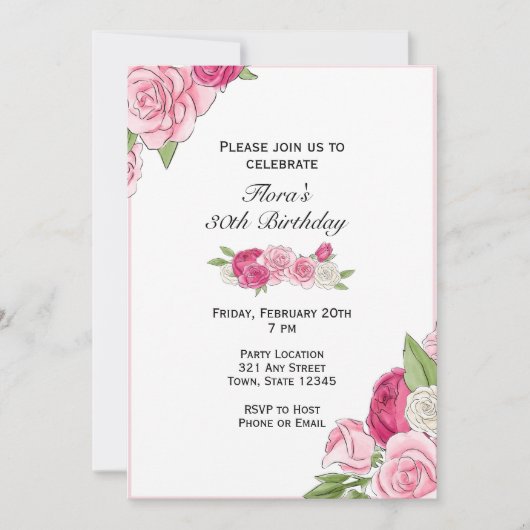 Rosa Birthday Einladung (Vorderseite)
