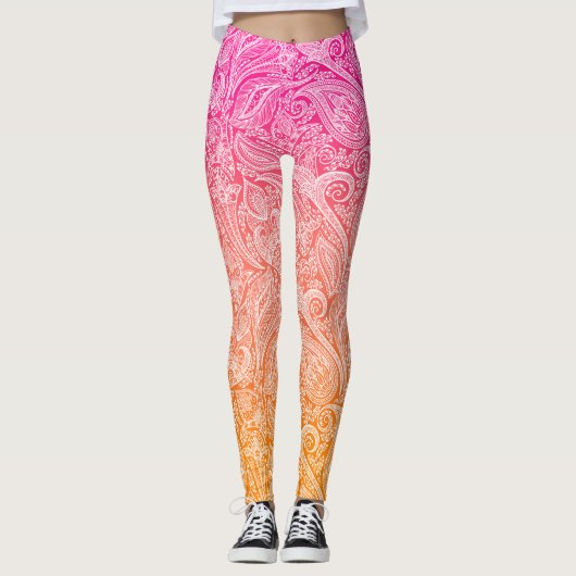 Rosa bis orangefarbene Orange mit weißem Paisley Leggings (Vorderseite)