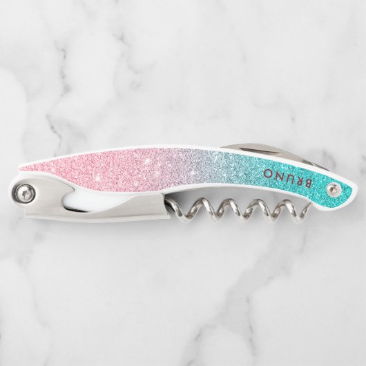 Rosa bis türkisfarbener Glitzer Kellnermesser (Vorderseite)
