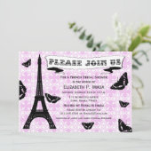 Rosa & Black Eiffel Tower Brautparty lädt ein Einladung (Stehend Vorderseite)