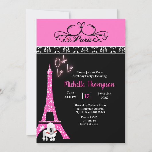 Rosa Black Eiffel Tower Paris Frankreich Geburtsta Einladung (Vorderseite)