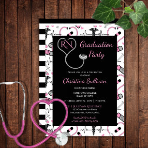 Rosa Black Medical Nurse Graduation Party Einladung