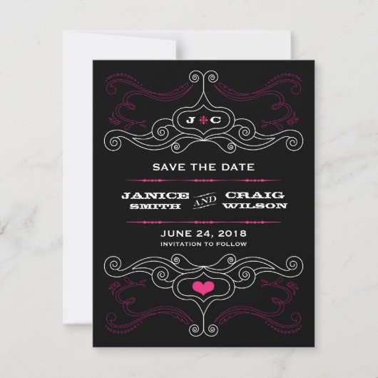 Rosa & Black Rock 'n' Roll Music Themed Wedding Save The Date (Vorderseite)