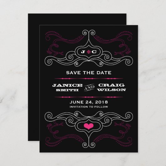 Rosa & Black Rock 'n' Roll Music Themed Wedding Save The Date (Vorne/Hinten)