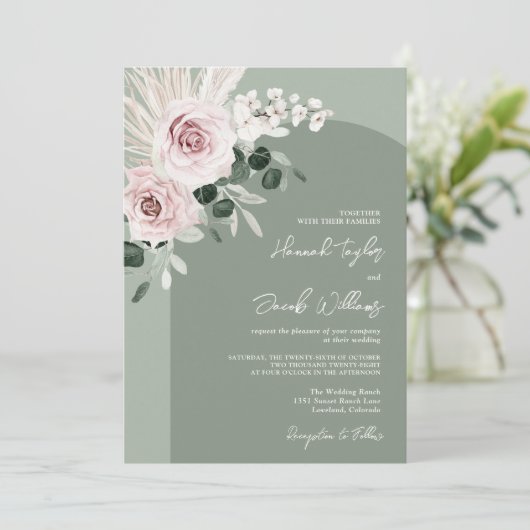 Rosa Bläschen Eukalyptus Sage Grüne Hochzeit Einladung (Stehend Vorderseite)