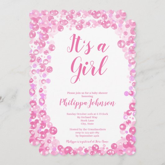 Rosa Bläschen Kinderdusche Einladung (Vorne/Hinten)